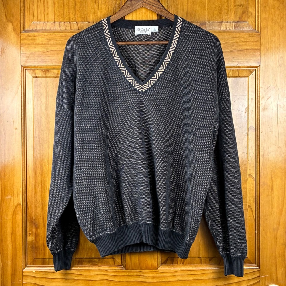 Vintage St. Croix Knits 100% Cotton V-Neck Patterned Collar Sweater Lg USA Made